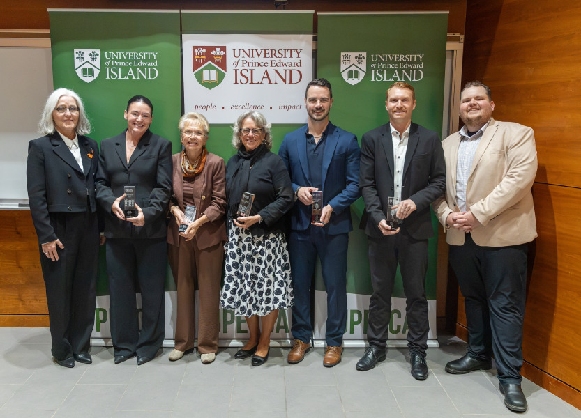 Left to right: Dr. Wendy Rodgers, President and Vice-Chancellor of UPEI; Distinguished Alumni Award winners; Alysha Corrigan, Heather Auld, and Betty Anne Younker; and Inspiring Young Alumni Award winners; Jared Murphy, Dillon Wight, and Ronnie McPhee, President, UPEI Alumni Association