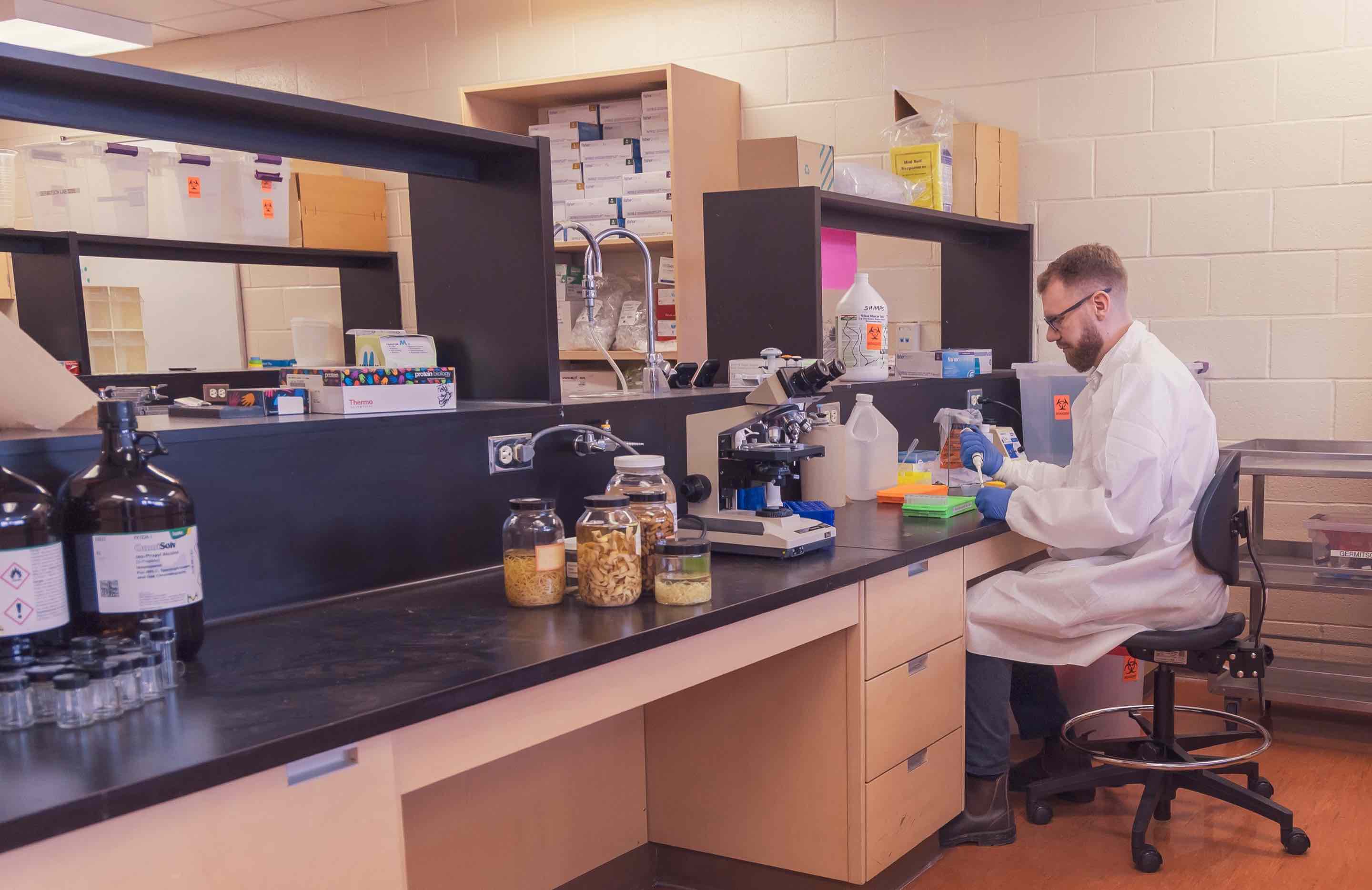Dr. Will Robbins working at a laboratory bench