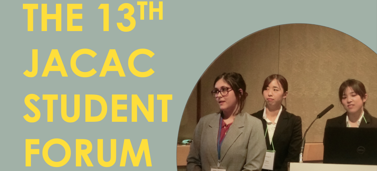 a photo of three students presenting text: "the 13th jacac student forum"