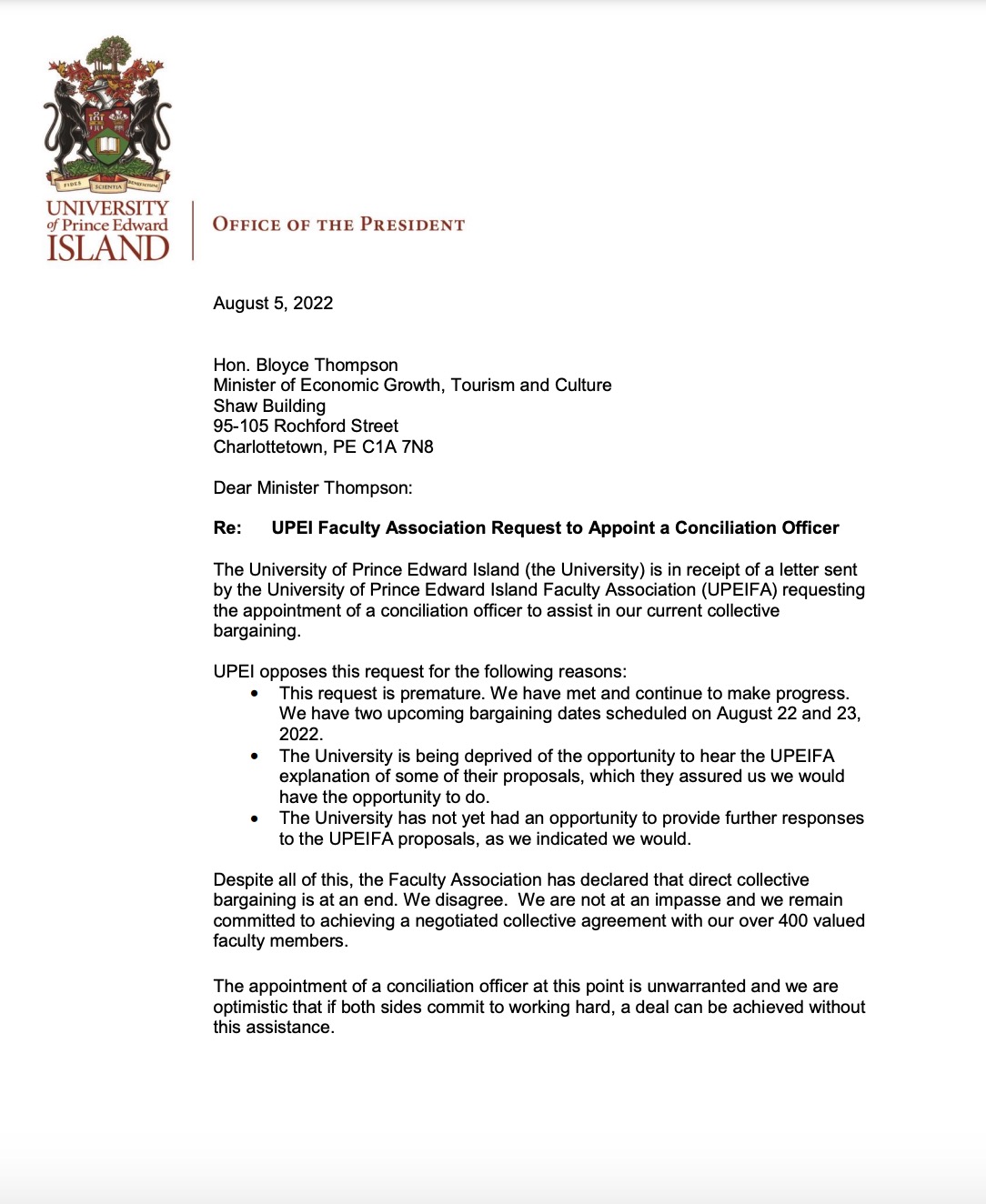 Image of letter from the Office of the President