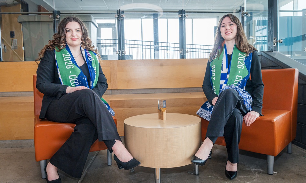 UPEI Engineering students Myah Van't Veld and Emma Ledgerwood with their first-place award