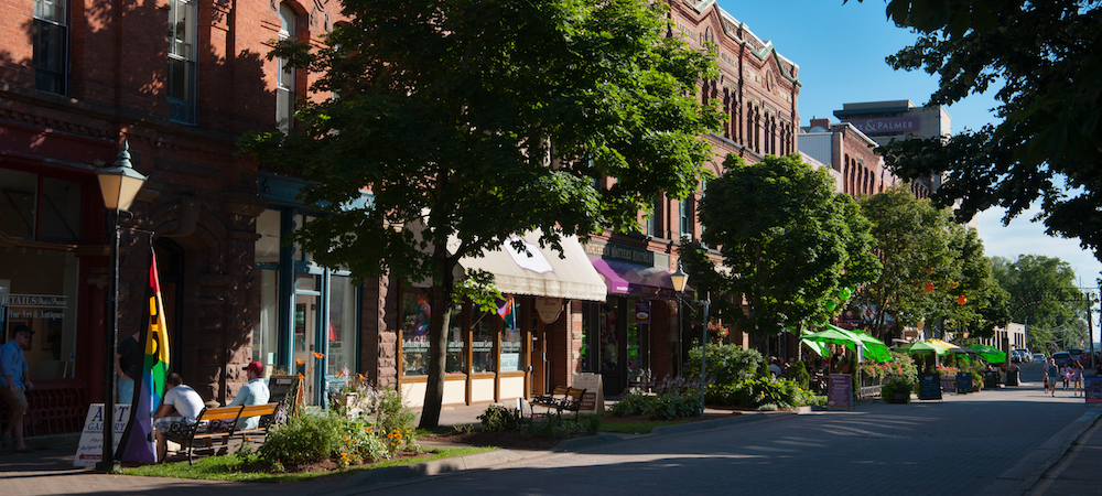 streetscape of victoria row shops and restaurants in summer, charlottetown
