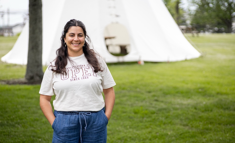 UPEI BEd student Priya Jain by the campus tipi