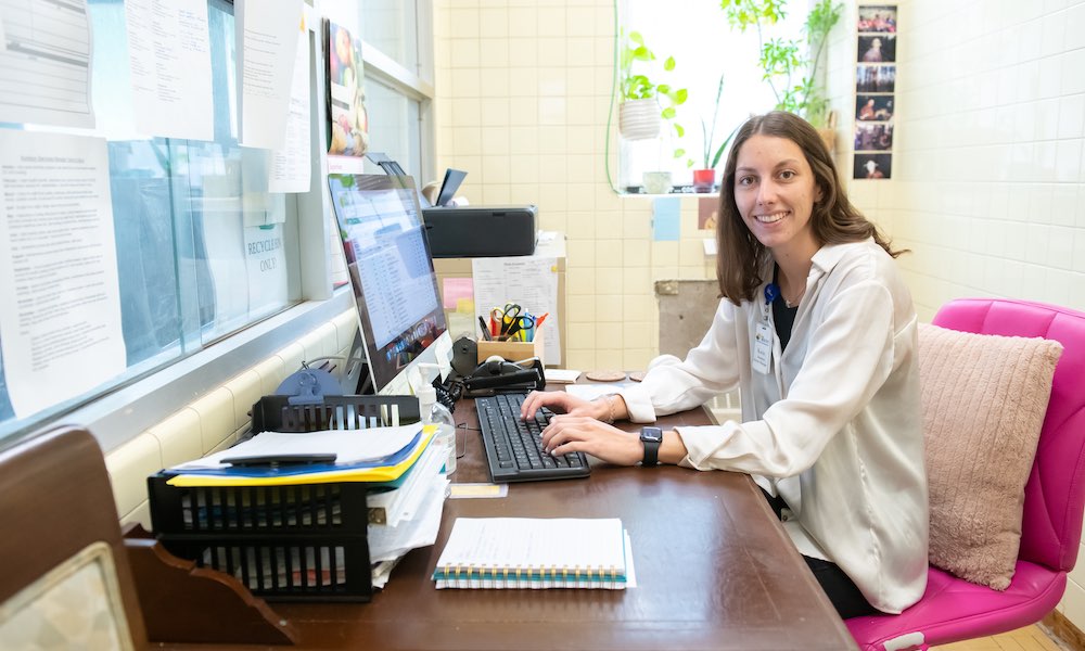 Katie Nordby working in her office at the Mount Continuing Care Community