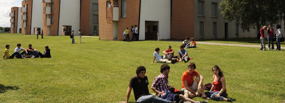 students sitting on a university campus lawn