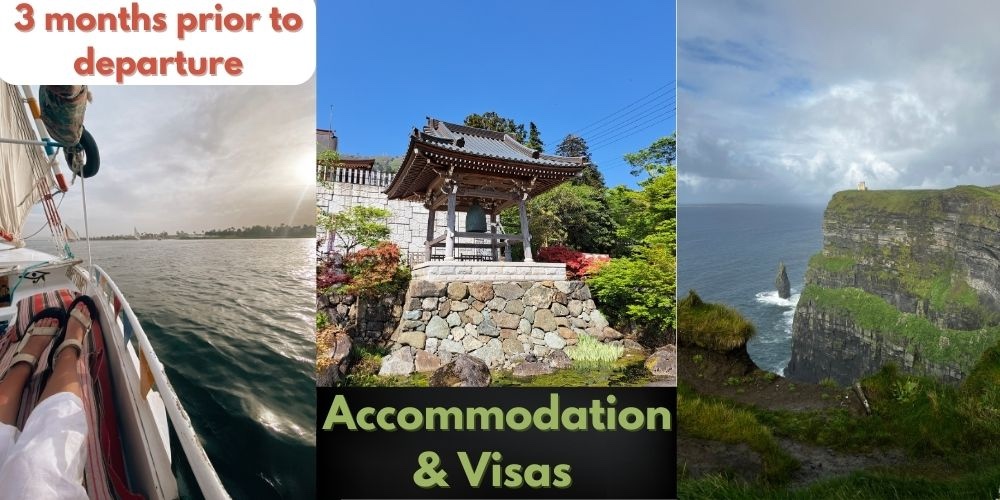 a collage of three photos of travel locations with the words "3 months prior to departure - Accommodations and visas"