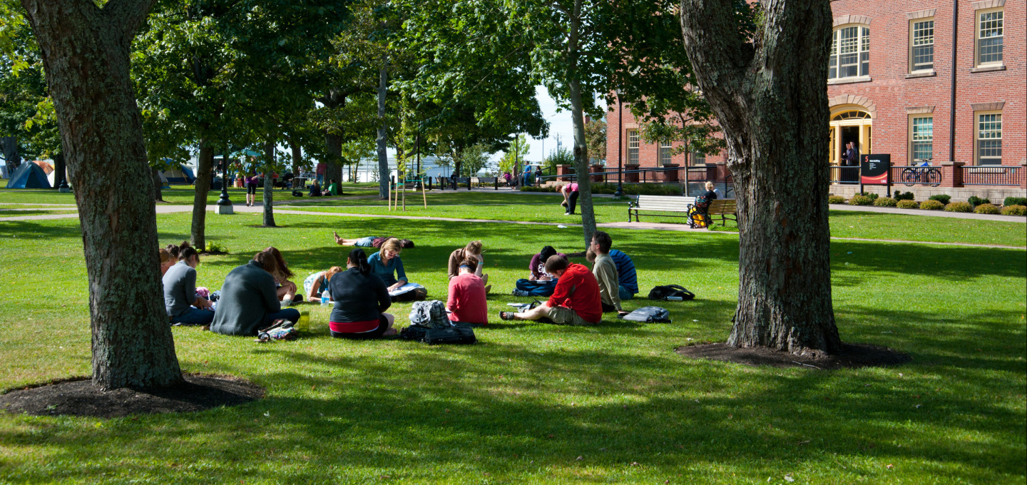 Students sitting on a circle in the UPEI Quad