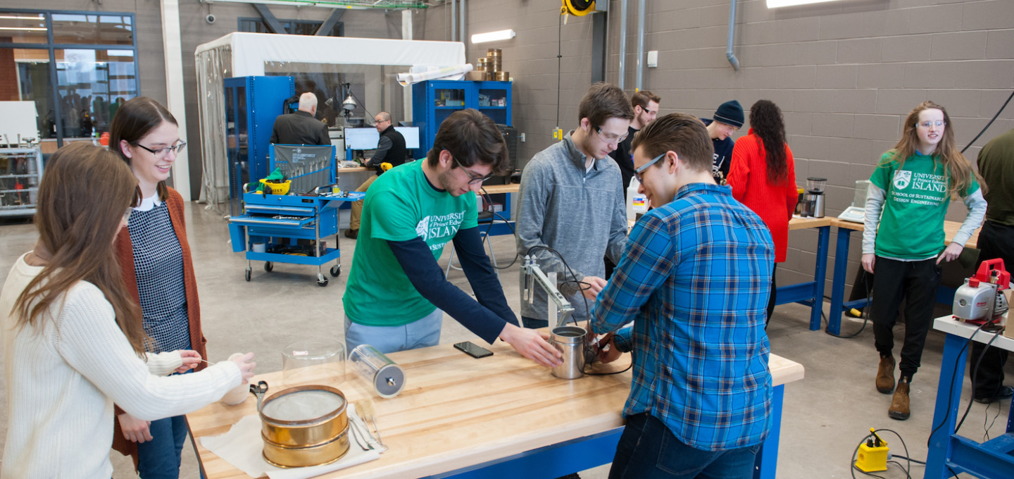Students work on projects in a large lab