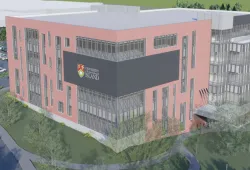 Architectural rendering of the new facility currently under construction on the UPEI campus, which will house the Faculty of Medicine, patient medical home, Doctor of Psychology Clinic, Adult ADHD Clinic, and interprofessional health simulation and clinical training centre.