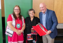 Lisa Cooper, President and Chief of the Native Council of PEI, Elder Georgina Knockwood Crane, and Dr. Greg Keefe, interim President and Vice-Chancellor at UPEI