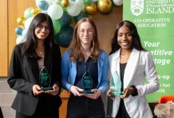 Winners of the 2024 UPEI Co-op Student Awards: Diya Bubna, UPEI Business Co-op Student of the Year; Rosie Legault, UPEI Science Co-op Student of the Year; and Carol Edzeame, UPEI Arts Co-op Student of the Year.  