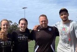 UPEI’s Juliette Bader, Lydia Hamill, and Jed Davies, with Austin Rise FC coach Onua Obasi