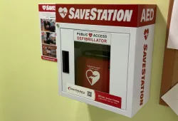 One of the new 18 automated external defibrillators recently installed on the UPEI campus