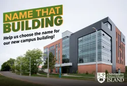 Photo of new campus building with text "Name that Building"