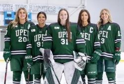 UPEI Women’s Hockey Panthers Ashley McCutcheon, Kaiya Maracle, Sarah Forsythe, Chloe McCabe, and Chiara Esposito