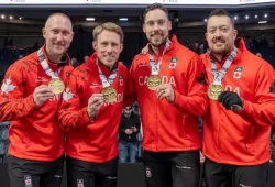 The Brad Jacobs-skipped rink earned Canada's berth in four-person men's curling at the 2026 Winter Olympic Games in Italy from Feb. 6 to 22. Team members are, from left: Jacobs, third stone Marc Kennedy, second stone Brett Gallant and lead Ben Hebert. PHOTO BY ANDREW KLAVER/CURLING CANADA