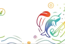 An image featuring intertwined illustrated symbols representing First Nations, Inuit and Métis: a feather, a narwhal and a fiddle, rendered in a flowing rainbow gradient. Surrounding these central symbols are decorative elements representing other aspects of First Nations, Inuit and Métis cultures.