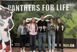 UPEI Panthers from left to right: Kadynce Ashton (women's rugby), Emma Parker (women's soccer), Hugo Bermejo (men's basketball), Lydia Hamill (women's soccer), and Juliette Bader (women's soccer)