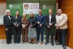 Left to right: Dr. Wendy Rodgers, President and Vice-Chancellor of UPEI; Distinguished Alumni Award winners; Alysha Corrigan, Heather Auld, and Betty Anne Younker; and Inspiring Young Alumni Award winners; Jared Murphy, Dillon Wight, and Ronnie McPhee, President, UPEI Alumni Association