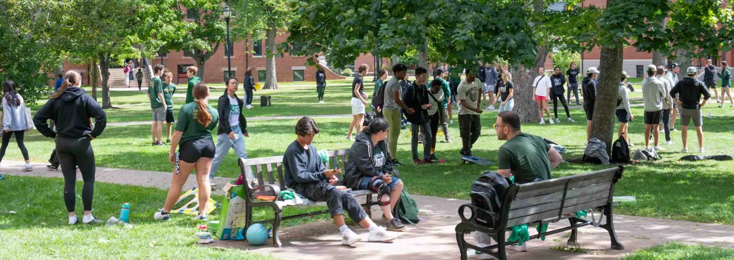 a large group of people in the UPEI quad