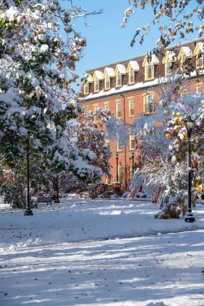 the UPEI quad and SDU Main Building after a snowfall