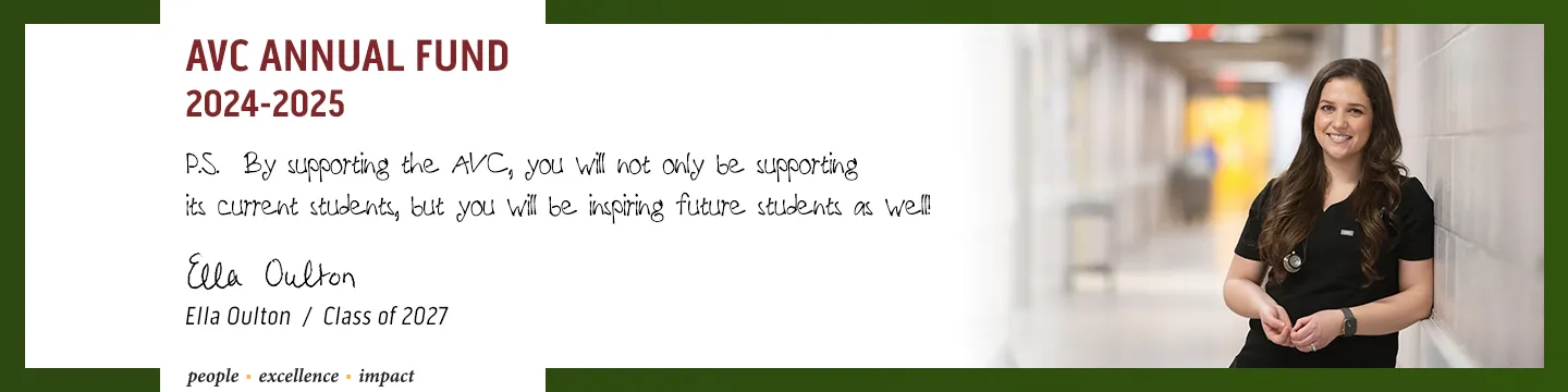 a female veterinary medicine student with text reading "AVC Annual Fund 2023–2024 - by supporting the AVC, you will not only be supporting its current students, but you will be inspiring future students as well!"