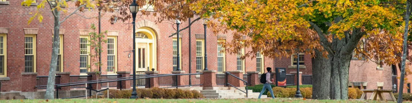 SDU Main Building in fall surrounded by coloured leaves