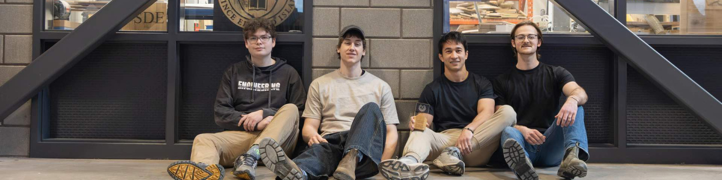 four engineering students in the Faculty of Sustainable Design Engineering building