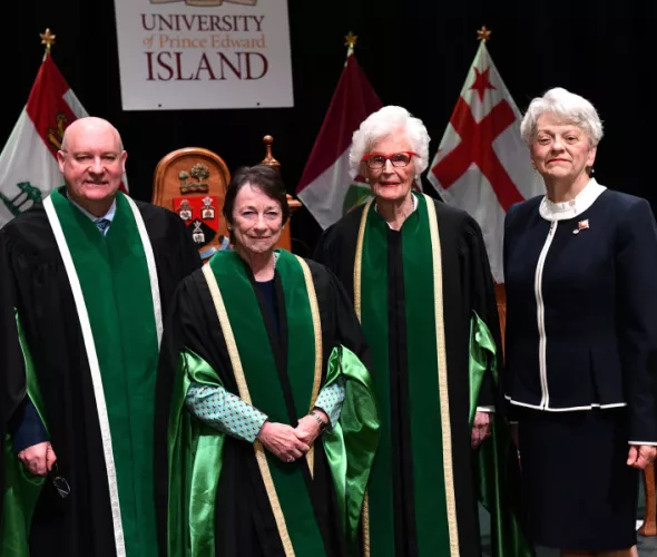 From left to right: Dr. Greg Keefe, President and Vice-Chancellor (Interim); Hon. Diane F. Griffin, Chancellor; Hon. Catherine Callbeck, Chancellor Emeritus, and Hon. Antoinette Perry, Lieutenant Governor of Prince Edward Island.