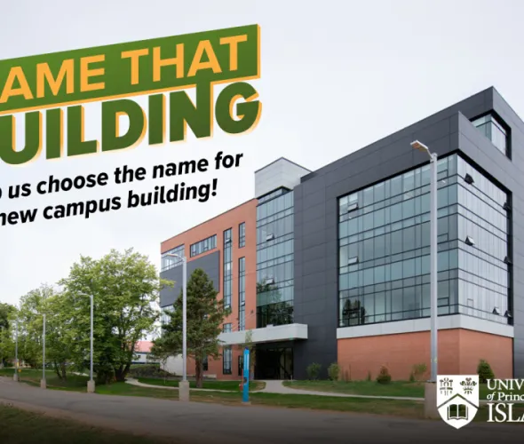 Photo of new campus building with text "Name that Building"