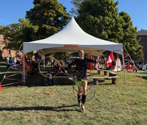 Hoop dancer Sophia Bourque at the TRC Mawi'omi held at UPEI on October 3 Hoop dancer at Mawi'omi