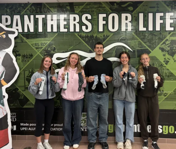 UPEI Panthers from left to right: Kadynce Ashton (women's rugby), Emma Parker (women's soccer), Hugo Bermejo (men's basketball), Lydia Hamill (women's soccer), and Juliette Bader (women's soccer)