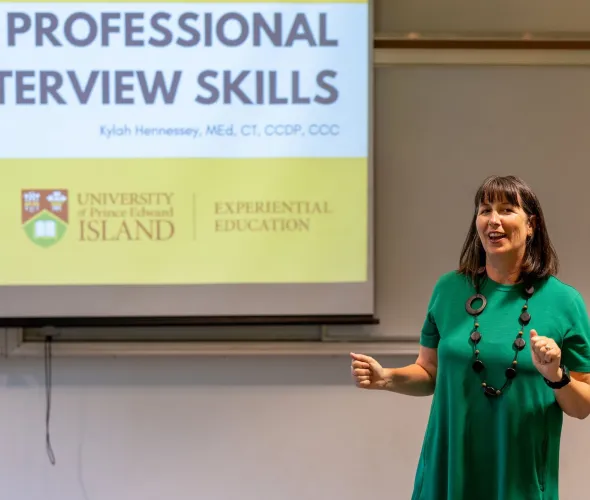 UPEI career counsellor Kylah Hennessey giving a presentation